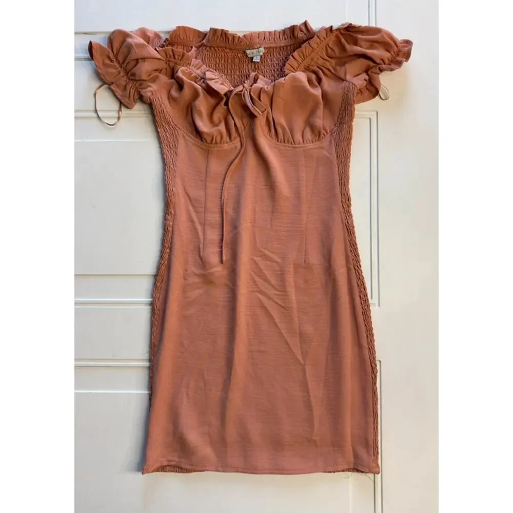 Love Tree Womens Sz S Coral Pink Orange Ruffled Smocked Mini Dress - Picture 3 of 6